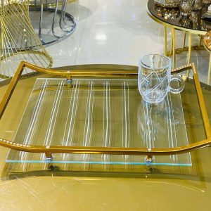 سینی استیل طلایی مستطیل کف شیشه سکوریت طرح دار جدید مدل C20101