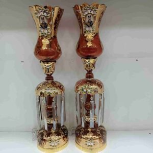 شمعدان لاله عباسی آب طلا قرمز بزرگ شمعدان جفت کریستالی آب طلا رنگ ثابت شمعدان دست‌ساز ایرانی ۷۰ سانتی شمعدان لوستری با آویز کریستال