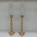 شمعدان برنز آب طلا با حباب تراش شمعدان برنز با شمع کریستال شمعدان تزئینی کلاسیک طلایی