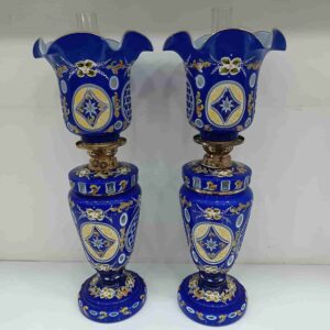 شمعدان کریمخانی سرمه‌ای سه پوست شمعدان نقاشی‌دار سنتی با آب طلا شمعدان ایرانی لامپا نفتی سرمه‌ای