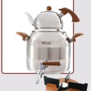 کتری قوری وارمردار طرح ترک دسته چوبی استیل نزاز (قوری استیل) کد 2608